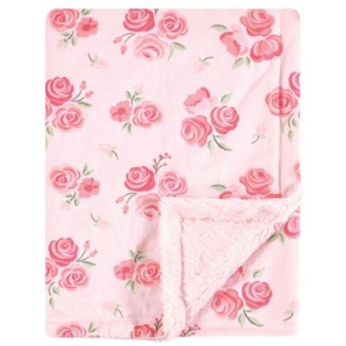 Hudson Baby Infant Girl Plush Blanket With Furry Binding And Back, Blush Rose, One Size