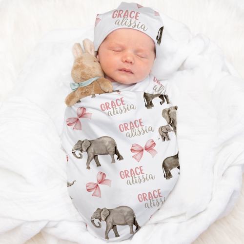 Elephant Swaddle Blanket With Name, Personalized Pink Bow Swaddle Set, Soft & Stretchy Swaddle and Hat, Coquette Safari Nursery Bedding