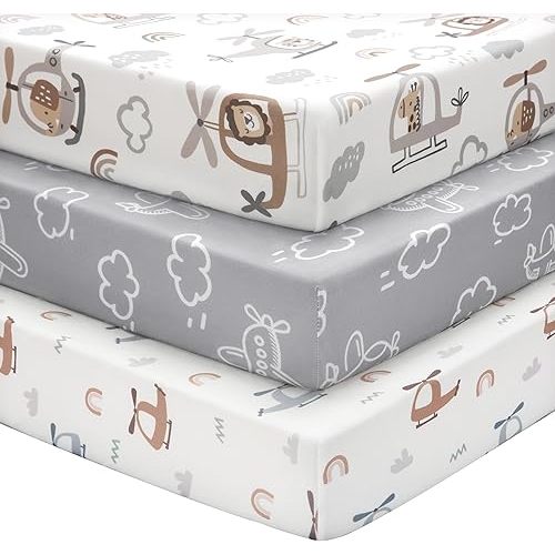 Baby Crib Sheets for Boys and Girls, 3 Pack Toddler Bed Sheets for 52”x28” Standard Toddler Mattresses, Soft Microfiber Fitted Crib Sheets Neutral Grey Helicopter