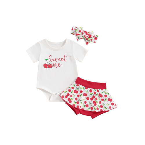 Suealasg Newborn Girls 3Pcs Summer Outfits Short Sleeve Cherry Print Romper + Ruffle Shorts + Headband Set 3 6 12 18 Months Baby Girls Clothes