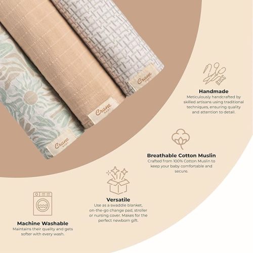 Crane Baby 100% Cotton Muslin Swaddle Blankets, Beach Life Starfish, Set of 3, 47" x 47", Swaddles for Newborns, Baby & Girls
