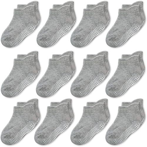 CozyWay Baby & Toddler Socks with Grippers Non Slip Ankle Grip Socks For Boys and Girls - Comfy Soft Cotton - 12 Pack
