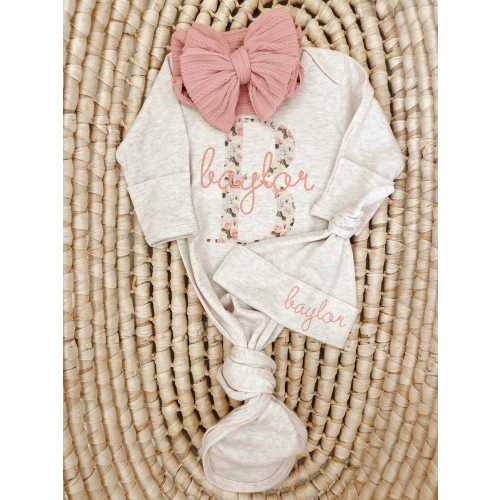 Personalized Knotted Gowns, 0-3 Months, Baby Shower Gift, Custom Going Home Outfit, Baby Girl