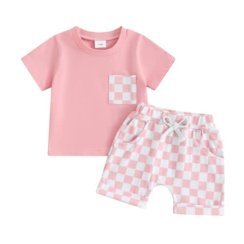 Karuedoo Baby Boy Girl Summer Outfits Checkered Plaid Short Sleeve T-Shirt Top Shorts Set Trendy Toddler Checkerboard Outfit