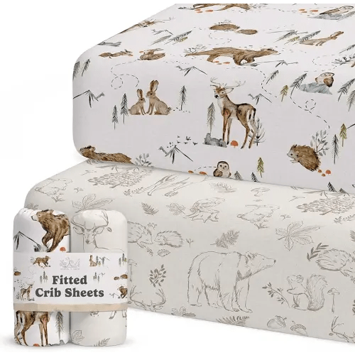 Crib Sheets Neutral - Fitted Baby Crib Sheets Bed for Girl Boy - 2 Pack Standard & Toddler Mattress - Buttery Soft Organic Cotton Blend (Magic Forest)