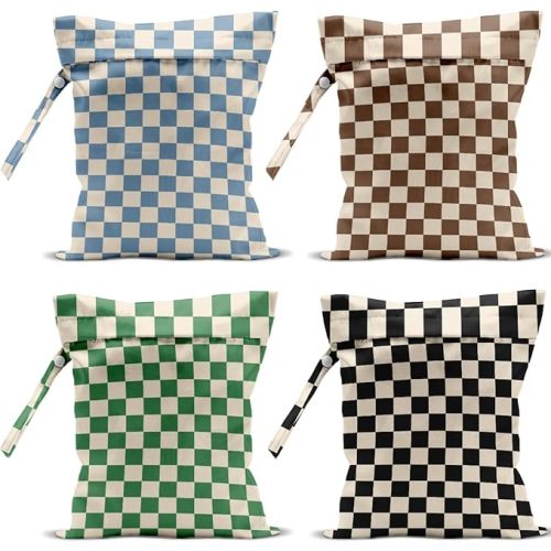 4 Pack Cute Wet Bag Waterproof Washable Reusable Wet Dry Bag for Swimsuit Dirty Clothes Diaper Travel Pool Sport Gym Christmas Birthday Party Camping Toiletries Beach Essentials, Colorful Checkered