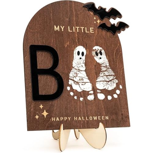 My Little Boo Wooden Halloween Sign – Baby Footprint Ghost Keepsake Plaque – Happy First Halloween Nursery Décor – Rustic Wooden Tabletop Sign for Baby. Newborn. Halloween baby