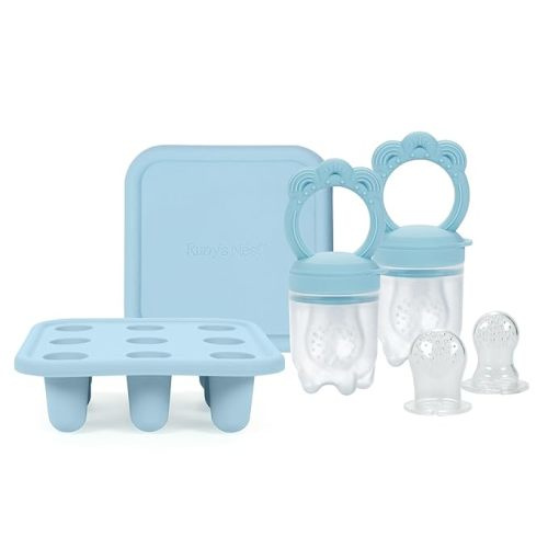 RUBY'S NEST Baby Fresh Food Feeder, Frozen Milk Teether, 2 Pack Bundle & Freezer Tray, Teething Relief, Organic, Healthy, Silicone BPA Free, Small Medium and Large Pouches, 5 Month+ (Slate Blue)