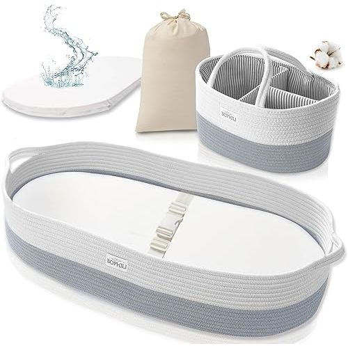 Baby Changing Basket Set w/Large Matching Diaper Caddy, Foam Changing Pad & Water Repellent Cover, Premium Cotton Rope Moses Baskets Changing Table Topper, Wipe Clean, Built-in Security Strap