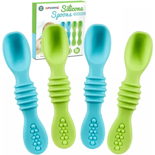 Silicone Baby Spoons for Baby Led Weaning 4-Pack, First Stage Baby Feeding Spoon Set Gum Friendly BPA Lead Phthalate and Plastic Free, Great Gift Set (Blue)