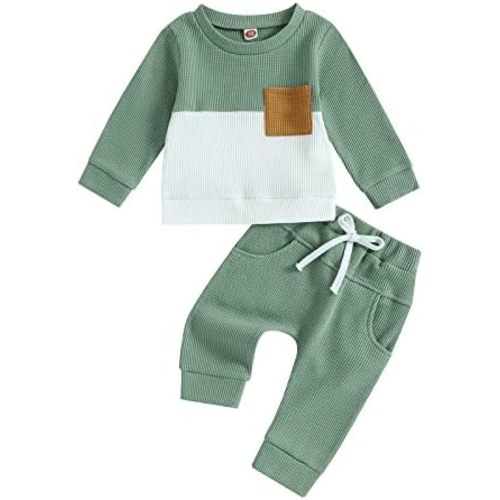 ZAXARRA Baby Boy Fall Clothes Long Sleeve Toddler Boy Waffle Sweatshirt Pullover Tops Pants Infant Fall Winter Outfits