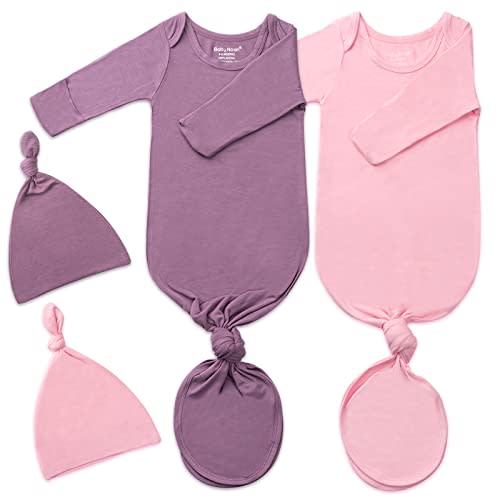 2Pack Knotted Gown Baby, Super Soft Long Sleeve Newborn Hospital Outfit Boy Girl Coming Home, Built-In Mittens Clothes