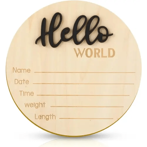 Baby Announcement Sign, 5.9 Inch Wooden Hello World Newborn Welcome Sign Birth Baby Name Plaques for Photo Props Baby Shower Hospital Nursery(Black)