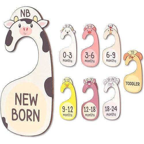Baby Animal Closet Dividers - Set of 8 Wooden Baby Clothes Size Hangers Organizer, Double-Sided from Newborn to 24+ Months, Nursery Decor and Baby Clothes Organization for Boys & Girls