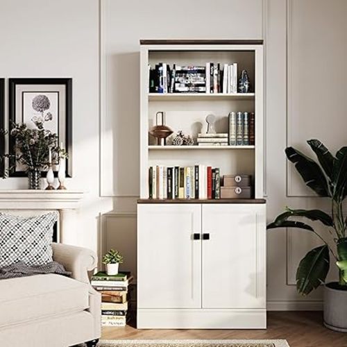 72 in Tall Bookshelf 5 Tier Bookcase with Adjustable Shelves, Antique White Book Shelf with Storage Cabinet, Wood Freestanding Display Bookshelves for Home Office，Bedroom, Living Room