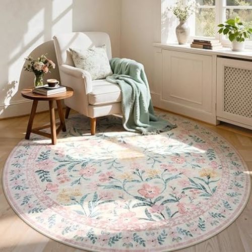 Lahome Pink Floral 6 ft Round Rug, Soft Cozy Circle Rug for Tween Girls Bedroom Decor, Machine Washable Nursery Carpet with Non-Slip Backing for Retreat or Reading Nook