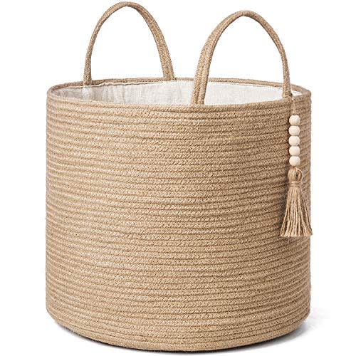Mkono Woven Storage Basket Decorative Natural Rope Basket Wooden Bead Decoration for Blankets,Toys,Clothes,Shoes,Plant Organizer Bin with Handles Living Room Home Decor, Jute, 16" W × 13.8" L