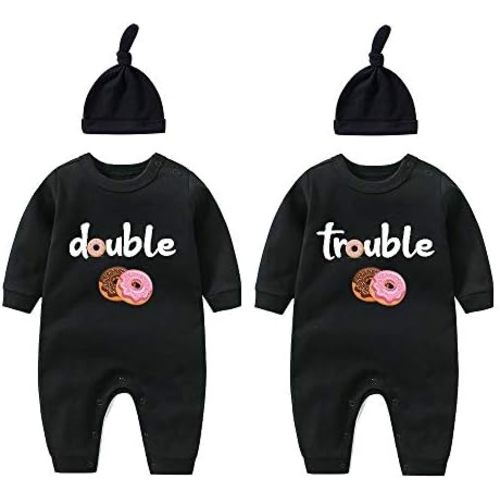 YSCULBUTOL Baby Twins Bodysuits Funny Double Trouble Cute Girl Romper Twin Jumpsuits Hat Set