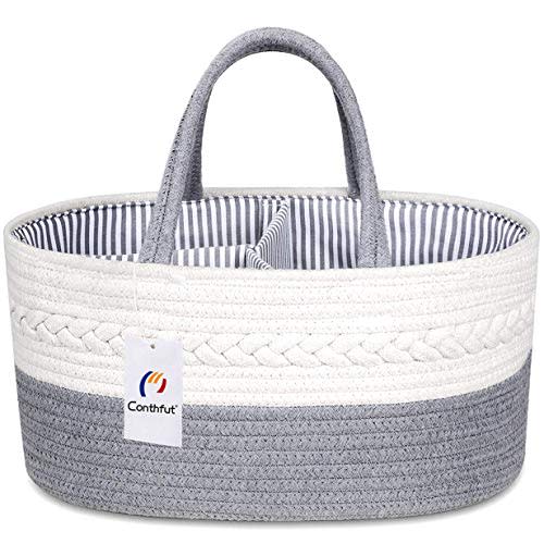 Conthfut Baby Diaper Caddy Organizer 100% Cotton Rope Nursery Storage Bin for Boys and Girls Large Tote Bag & Car Organizer with Removable Inserts Baby Shower Basket