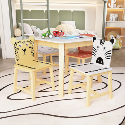 Kids Wooden Table With 4 Chairs Set, Animals 5 Piece Kiddy Table And Chair Set, Kids Square Play Table And Chair Set (2 - 7 Years Old)