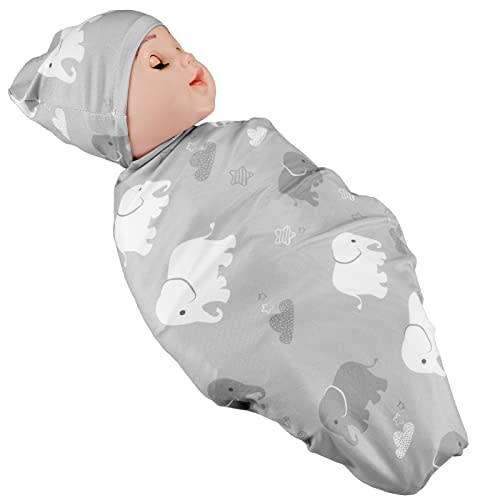 Newborn Swaddle Blanket with Beanie Set,Soft Stretchy Blanket for 0-3 Months Baby Boys and Girls Gray Elephant
