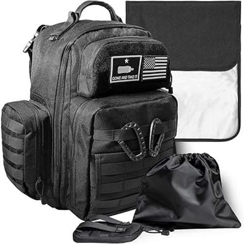 Dad Diaper Bag - Molle-Style Military Diaper Backpack Made of Rugged 900D Waterproof Polyester with Wider Extra-Long Straps, Pouch for Dirty Diapers, Baby Wipes Dispenser & Insulated Bottle Pockets
