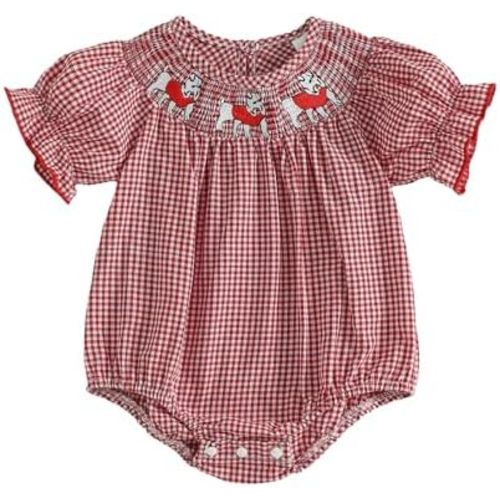 Kuriozud Newborn Baby Girl Football Outfit Smocked Ruffle Romper Short Sleeve Jumpsuit Cute Baby Girl Clothes