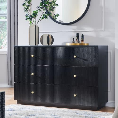 wow97e Fluted Dresser for Bedroom, 47" Black 6 Drawer Dressers, Wood Tall Dresser Storage Organizer, Modern Chest of Drawers with Deep Storage for Closet Hallway, Entryway, Living Room, Black