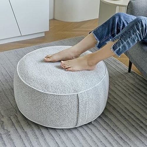 Inflatable Pouf Ottoman, 21x10 Inches Stuffed Chenille Ottoman with Inflatable PVC Liner, Foot Rest with Portable Handle, Round Floor Pillow for Living Room, Bedroom, Kids Room