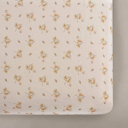 Oilo Crib Sheet, Breathable 100% Organic Cotton Fitted Jersey, 300-Thread, Machine Wash, Fits Standard Crib (28" x 52" x 6"), Toddler Bedding, Heirloom Organic Collection, Dainty Floral