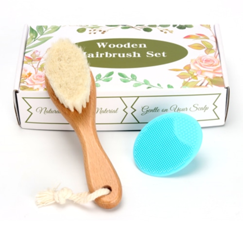 Baby Hair Brush, Wooden Goat Bristles Hair Brush with Silicone Hair Scrubber Cradle Cap Brush for Newborns, Toddlers, Boys, Girls Perfect Scalp Grooming Product (Green)