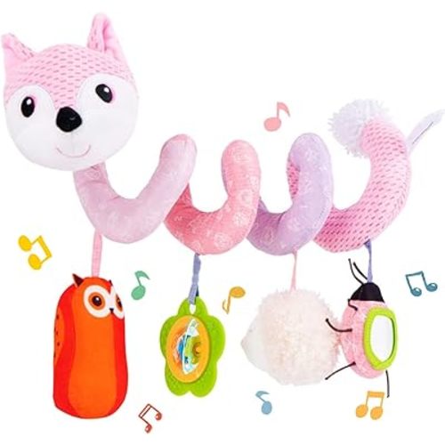 Koty Car Seat Toys, Infant Baby Spiral Plush Activity Hanging Toy for Stroller Bar Pram Crib with Music Box BB Squeaker & Rattles(Pink Fox)
