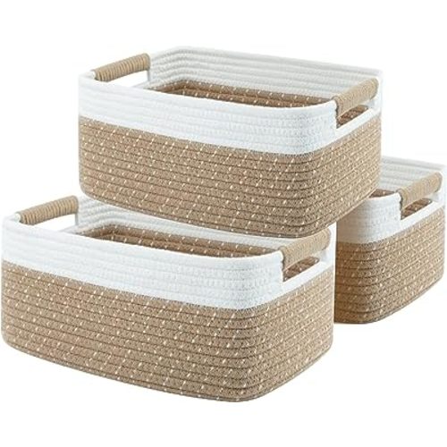 OIAHOMY 12.8x9x5.5in Woven Baskets for Storage, Storage Baskets for Shelves, Cotton Rope basket set of 3, Decorative Storage Baskets, Rectangle Basket With Handles, Brown and White