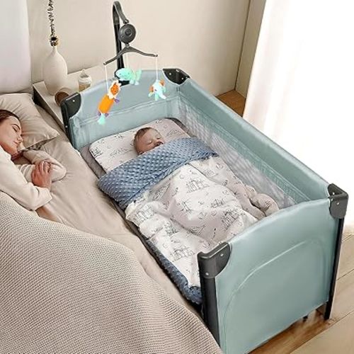 JOYMOR 3 in 1 Baby Bedside Bassinet, Bedside Sleeper with Mattress and Sheet, Convert to Bassinet, Playpen, Foldable Travel Baby Bed, with Toy, Wheels, Brake, Carry Bag
