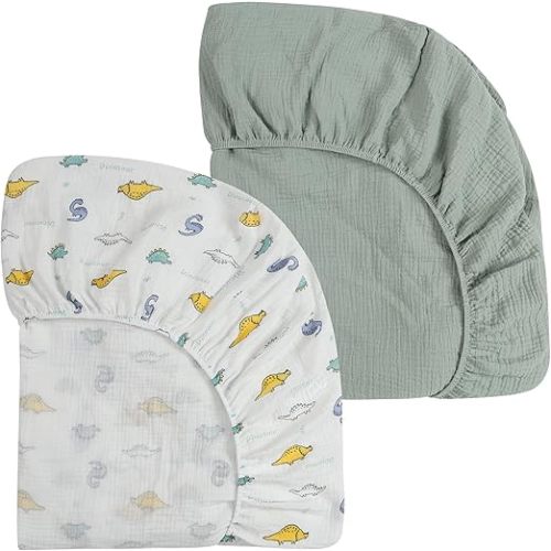 Onacosht Muslin Mini Crib Sheets, 39" x 27" Pack and Play Mattress Sheets Fitted for Pack N Play, Soft Cotton for Boys Girls, 2 Pack, Dinosaur and Light Green