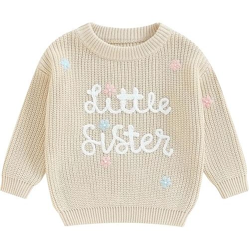 Toddler Baby Girl Boy Long Sleeve Knit Sweater Brothers Sisters Letter Embroidery Round Neck Pullover Fall Winter Tops