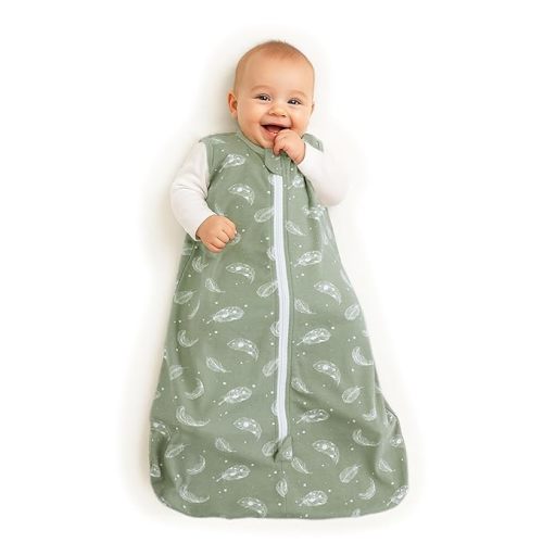 Baby Organic Cotton 0.5 TOG Wearable Blanket-Light Sleeping Bag with 2-Way Zipper, Boys Girls Swaddle Transition Sleep Sack(0.5 TOG Feather Green, 3-12 Months)