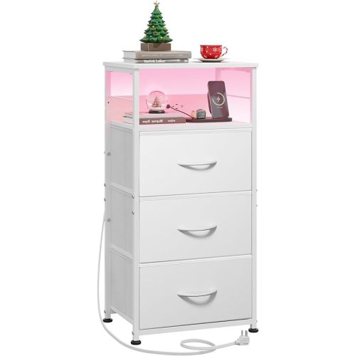 WLIVE Nightstand with Charging Station, 31.9" H Nightstand with 3 Fabric Drawers, LED Bedside Table with USB Ports and Outlets, End Table for Dorm, Bedroom, Entryway, White