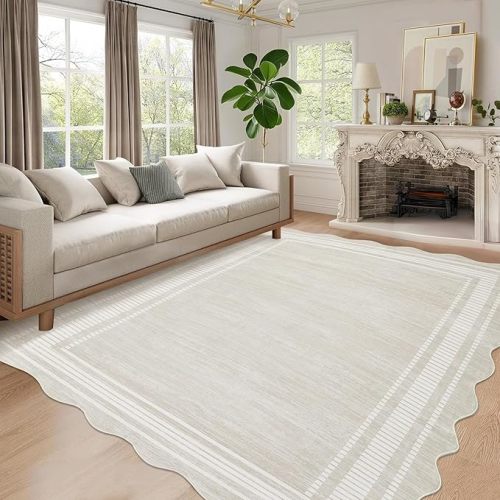 Garvee Scalloped Modern Abstract Area Rug 8x10 Washable Rug for Living Room, Non-Slip Soft Carpet for Bedroom, Scalloped Low-Pile Solid Print Accent Rug for Dining Room Home Office, Beige