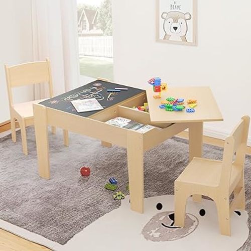 4 in 1 Kids Table and Chair Set, Table and Chairs for Toddlers 2-5 with 2 Reversible Blackboard, Children Table with Storage for Activity/Play/Art/Read/Craft, Natural Color