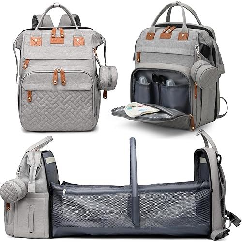 Diaper Bag Backpack with Changing Station, Large Diaper Bag For Boys And Girls, Multifunctional Waterproof Travel Diaper Backpack, Baby Bag with USB Charging Port for Moms Dads, grey