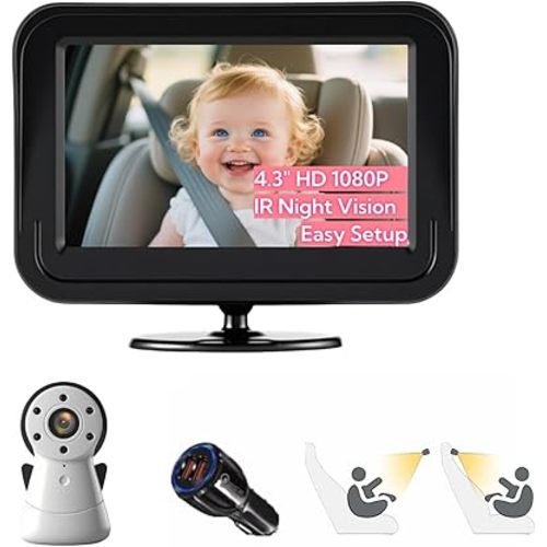 1080P Baby Car Monitor, Back Seat Baby Car Camera with 4.3" HD Night Vision Function Display, USB Plug and Play, Backseat Camera Rear Facing with Wide View, Easily Install to Observe The Baby’s Move