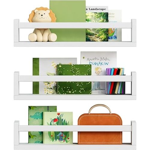 White Floating Nursery Book Shelves Wall Mounted Set of 3, Wall Bookshelf for Kids Room Bedroom, Small Corner Book Shelf for Toddler Child Teen Girls Boys Bathroom Decor and Toy Storage