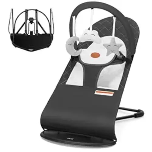 HKAI Baby Bouncer, Portable Baby Bouncer Seat for Babies 0-18 Months, 100% Cotton Fabrics, 3 Modes of use with Rocker and Stationary Options, Infant Rocker Chair with Hanging Toys-Dark Grey