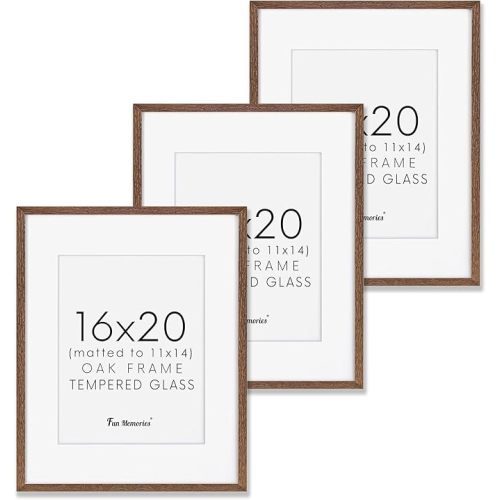 16x20 Picture Frames Set of 3, 16 x 20 Solid Oak Wood Frame for Wall, 16 x 20 Picture Frame with Tempered Glass, 16x20 Frame Matted to 11x14, Rustic Wood 16 by 20 Frames, Walnut Color