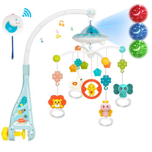 Crib Mobile with Music and Lights, Baby Mobiles for Cribs, Nursery Musical Mobile for Bassinets Toys Hanging Girls Boys, Portable Animal Mobile Hanger Arm Clip On Attachment