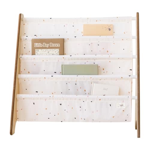 3 Sprouts Recycled Fabric Kids Bookshelf – 4-Tier Sling Book Rack Organizer - Nursery Room Playroom Classroom Wooden Book Shelves - Kid Bookcase Wood Storage Shelf for Toddler Age 3+ - Terrazzo Cream