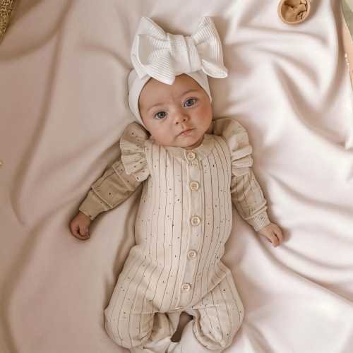 Knit Ruffle Baby Romper | Speckled Cotton Sweater Jumpsuit for Girls | Long Sleeve Button-Up Baby Outfit | Fall & Winter Infant Clothes