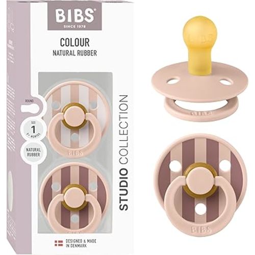 BIBS Pacifiers - Colour Studio 2 Pack | Round Nipple Baby Pacifier | BPA Free Natural Rubber Latex Soother | Made in Denmark | Size 0+ Months | Block Blush