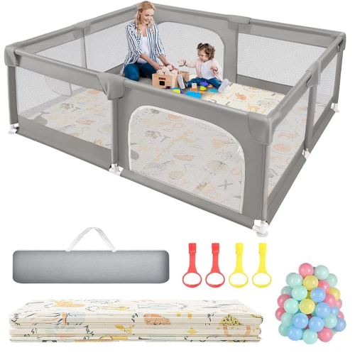 Sour Lemon Baby Playpen with Play Mat, 79x71 inch Extra Large Playpen for Babies and Toddlers, Baby Fence Play Pen Yard with Safety Gate Fence with 50 Ocean Balls 4 Pull Rings for Kids Indoor Outdoor